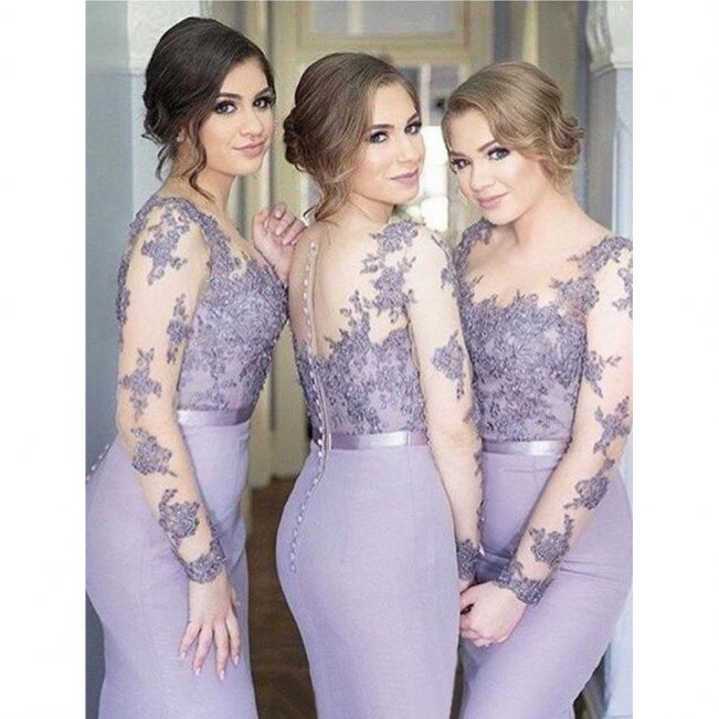 New Arrival Lilac Dresses Mermaid Long Sleeve Sweep Train Bridesmaid Gowns With Lace Applique Illusion Back 8394453637#