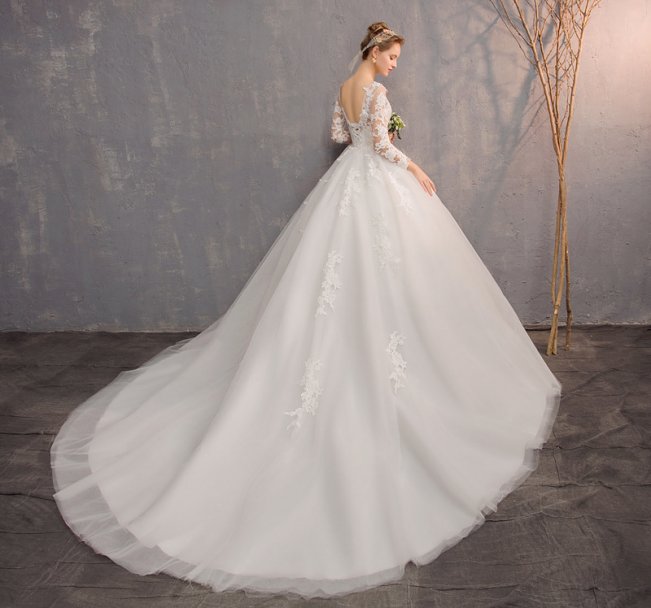 Scoop Neck Long Sleeve Lace-up Court Train Bridal Wedding Dress #8434425712