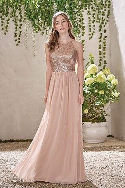 Shining Sequins Crew Neck Chiffon Bridesmaid Dress Floor Length Prom Gowns 8471712225#