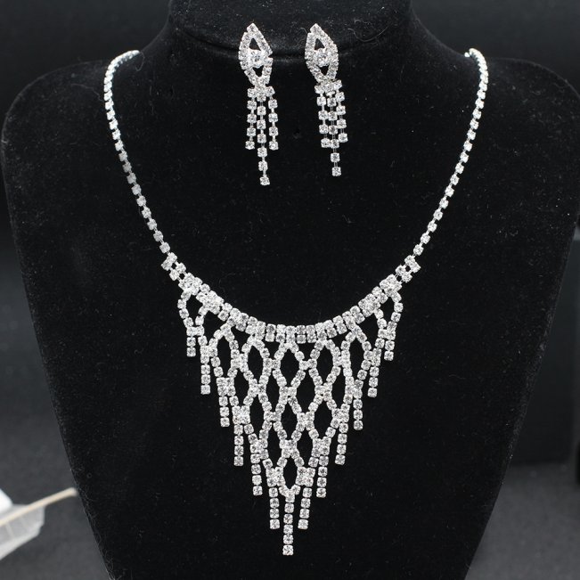 Sparkly Rhinestones Bridal Necklace Earrings Jewelry Set #8514367476