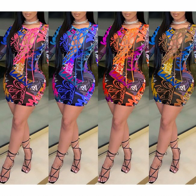 Hollow Out Bodycon Mini Dress-Tie Dye #88211591111