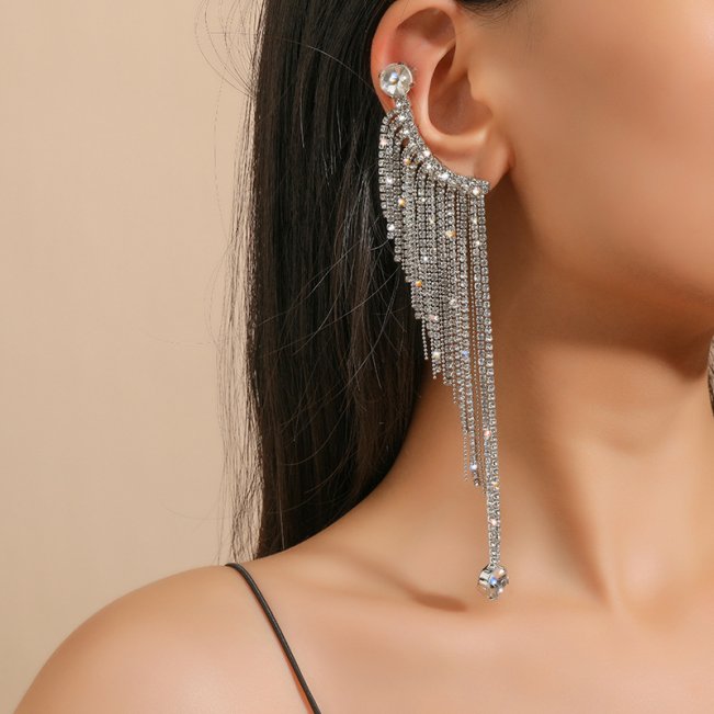 Silver Long Drop Earring With Rhinestones #88211591124