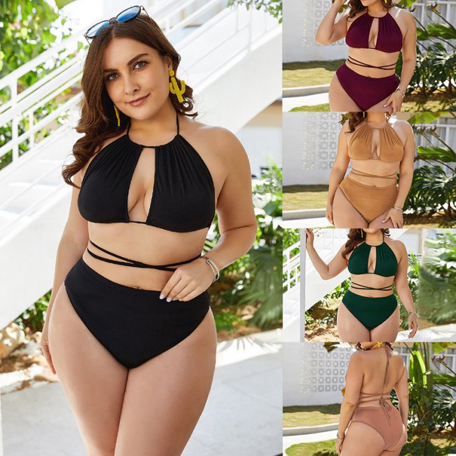 Halter Crisscross Lace-Up Bikini Swimsuit Plus Size #88211591150