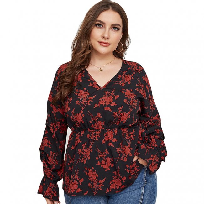 Plus Floral Print V Neck Blouse 88211592120#