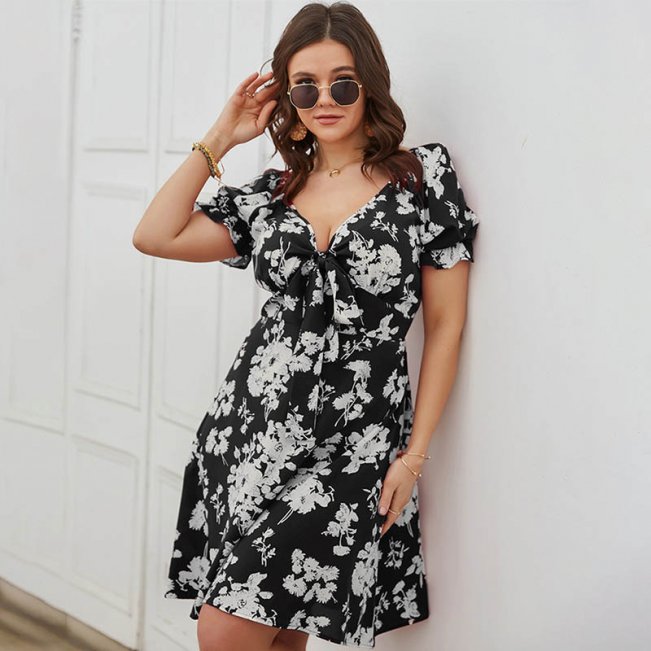 Plus Floral Print Tie Front V Neck A-Line Summer Dress in Black 88211592124#