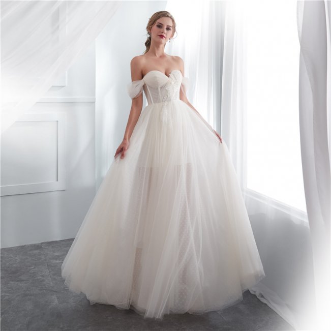 Sheer Boned Bodice Pleated Lace-Up Tall Wedding Dress #88211592154