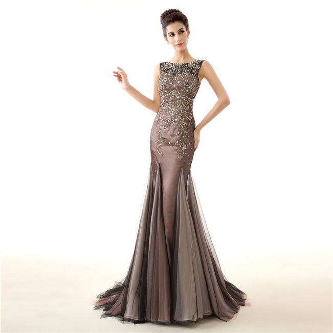 Boat-Neck Sleeveless Beaded Tulle Overlay Illusion Gown #88211592163