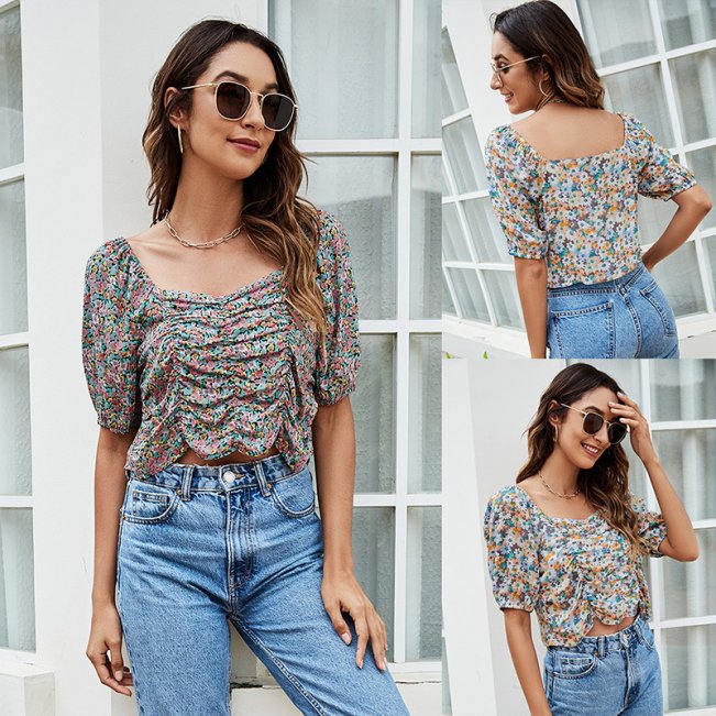 Ditsy Floral Print Short Sleeve Ruched Crop Blouse #88211592167