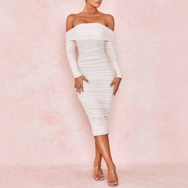 Off The Shoulder Skintight Midi Dresses 88211592231#