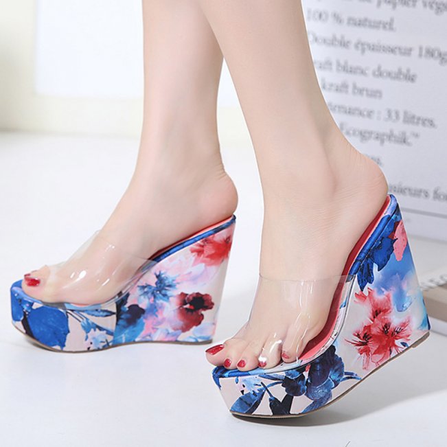 Floral Print Open Toe Slip On Platform Wedge Sandal #88211592251