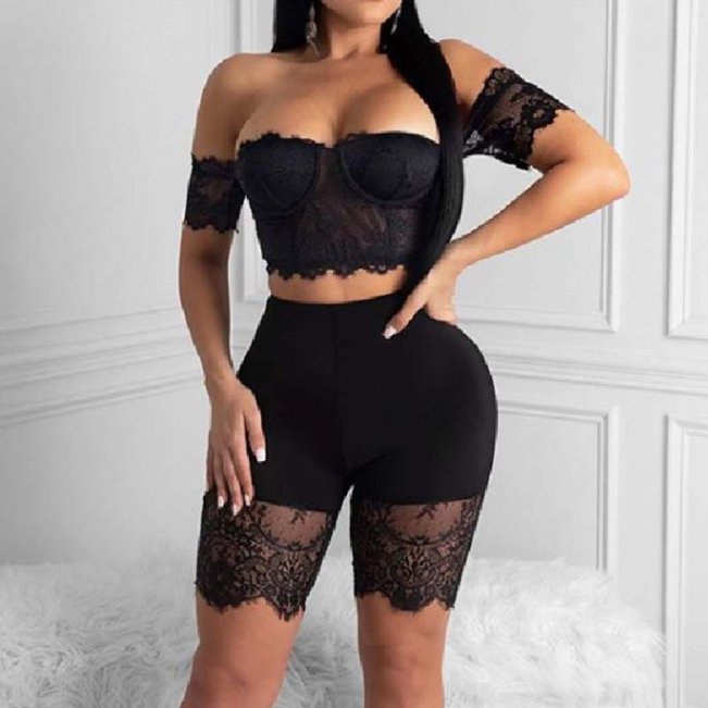 Black Floral Lace Slips Crop Top and Shorts Set #88211592273