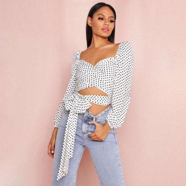 Polka Dot Tie Wrap Crop Top 88211592280#