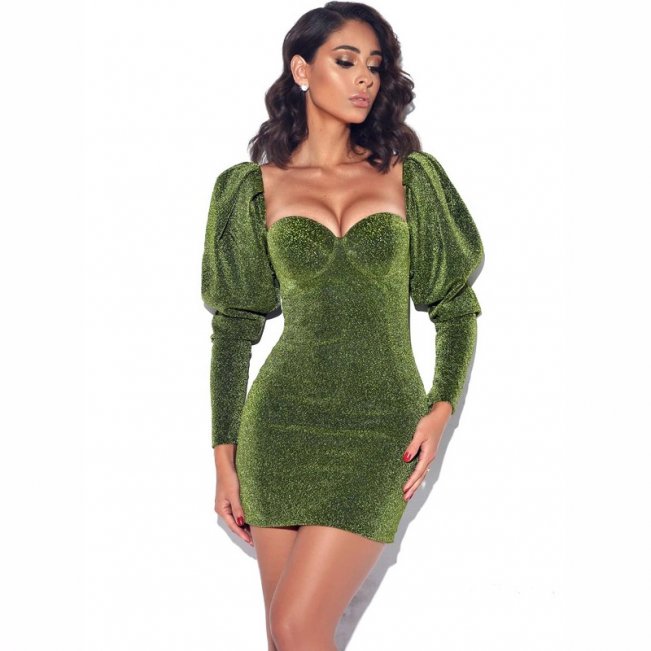 Sparkling Green Puff Sleeve Mini Bodycon Dress 88211592294#