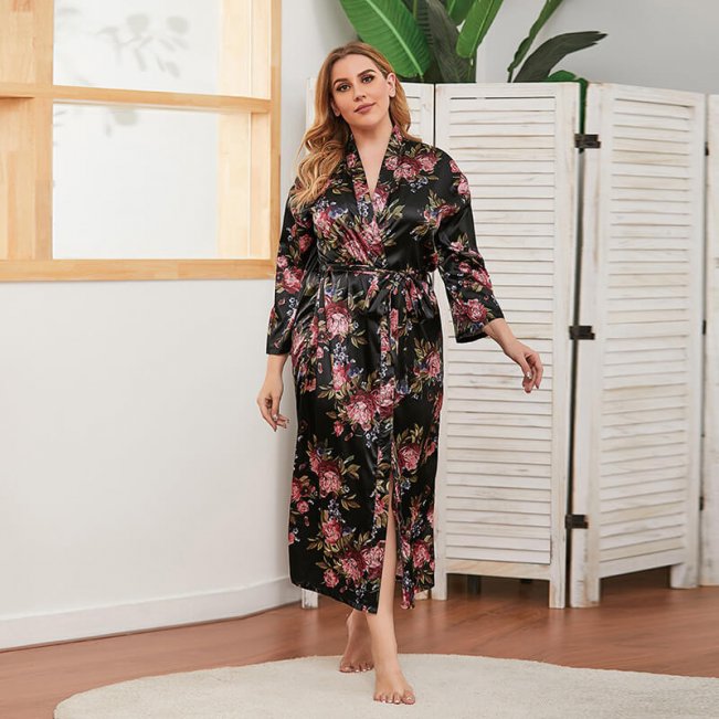 Black Night Gown Floral Loungewear 88211592365#