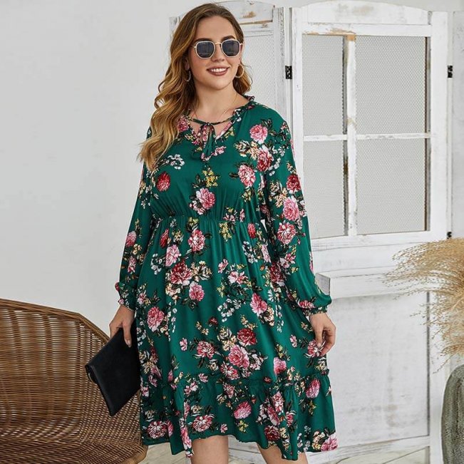 Tie Neck Plus Size Floral Print Dress 88211592378#