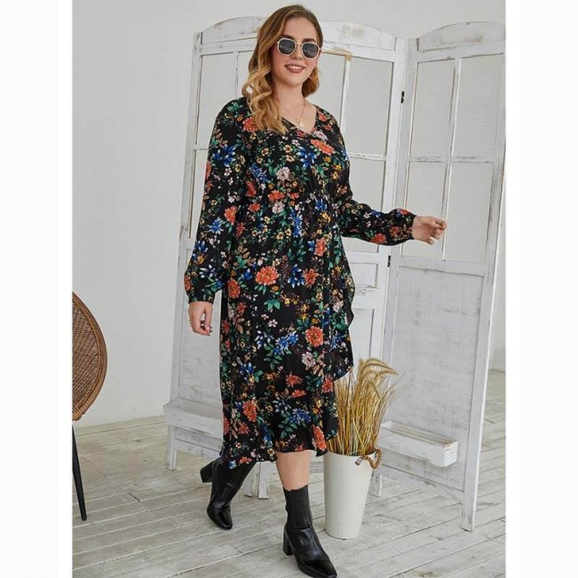 Black Floral Print Dress Plus Size 88211592379#