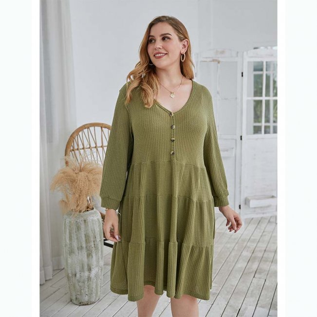 Knee Length Plus Size Dress In Green 88211592381#