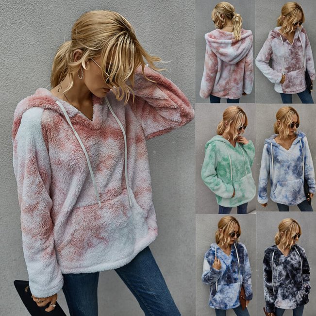 Tie Dye Teddy Hoodie for Women 88211592424#