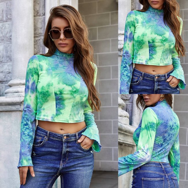 Mock Neck Tie Dye Crop Top Shirt 88211592426#