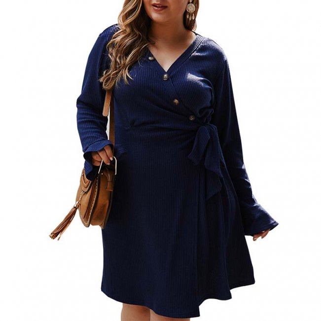 Solid V Neck Tie Wrap Dress Plus Size 88211592432#