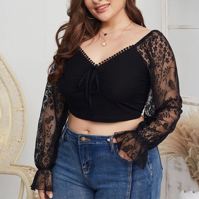 V Neck Illusion Sleeve Curve Blouse Crop Top 88211592434#