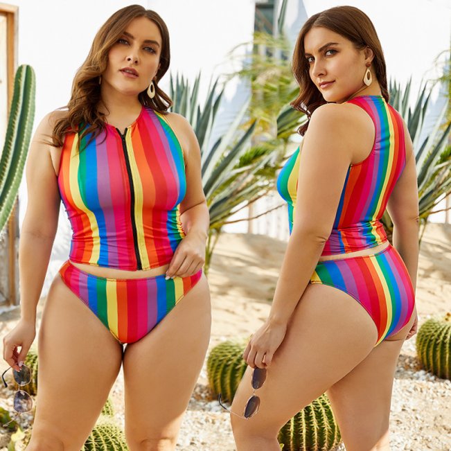 Rainbow Stripe Tankini Swimsuit Plus Size 88211592503#