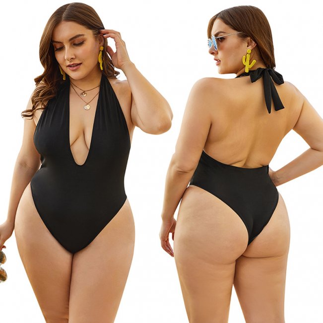 Plus Backless One-Piece Swimsuit in Black 88211592506#