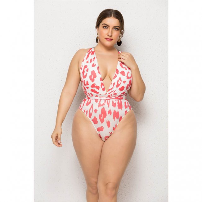 Plus Plunge Neck Leopard Print One-Piece Swimsuit 88211592509#