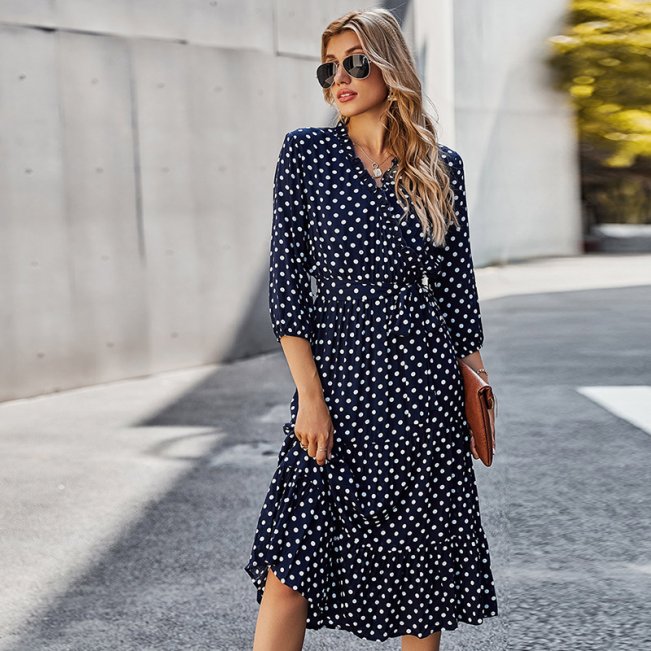 Polka Dot Print Wrap Midi Dress 88211592514#