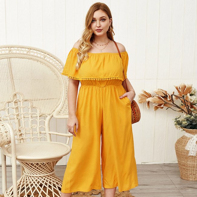 Plus Off Shoulder Wide Leg Trim Jumpsuit 88211592529#