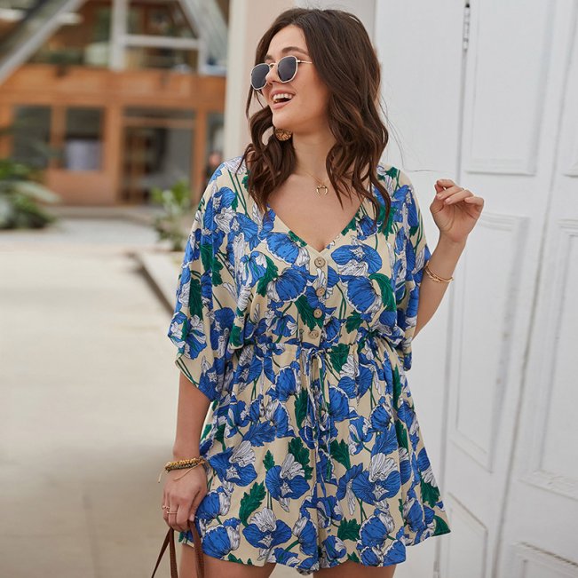 Plus Floral Print Wide Leg Romper 88211592530#