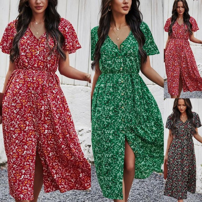 Floral Print Button Front Split Midi Dress 88211592534#