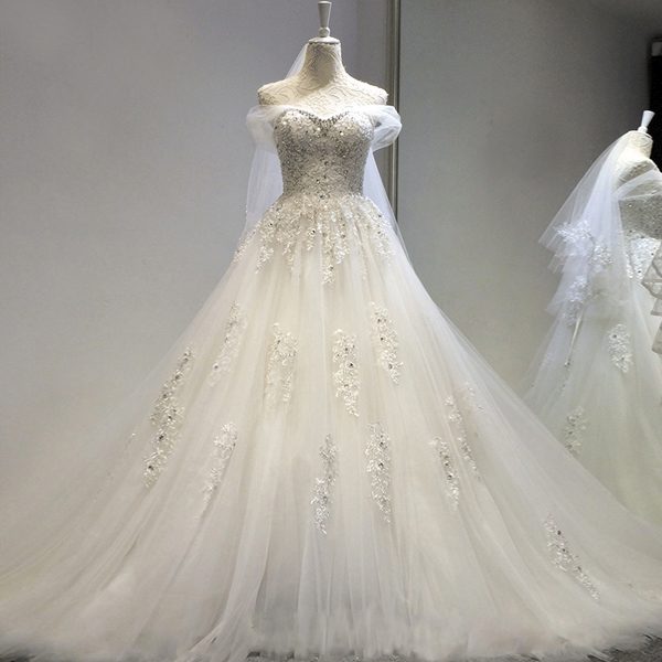 New Elegant Embroidery Off Shoulder Sweep Train Wedding Dresses 470335506#