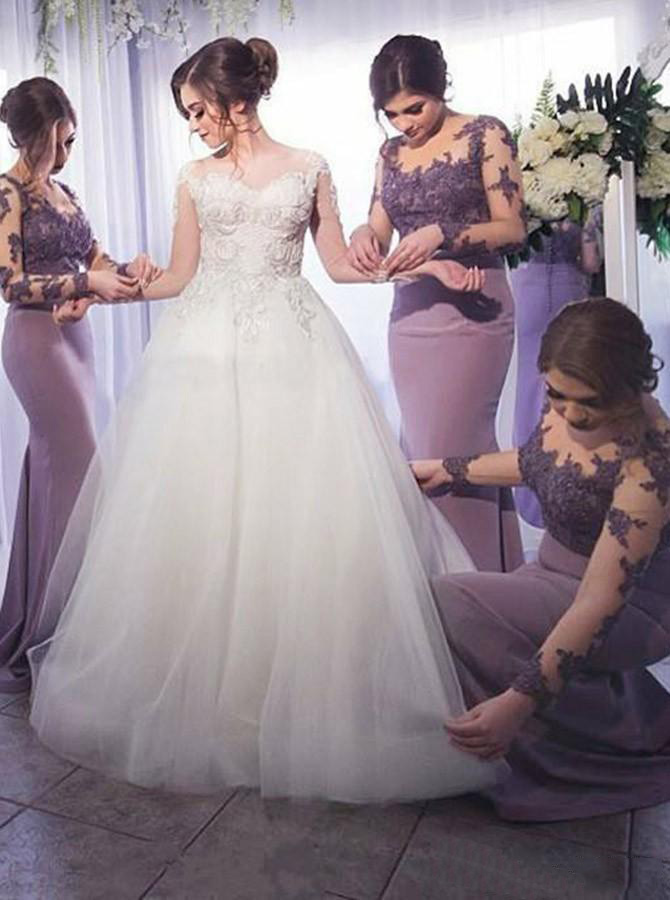 New Arrival Lilac Dresses Mermaid Long Sleeve Sweep Train Bridesmaid Gowns With Lace Applique Illusion Back 8394453637#