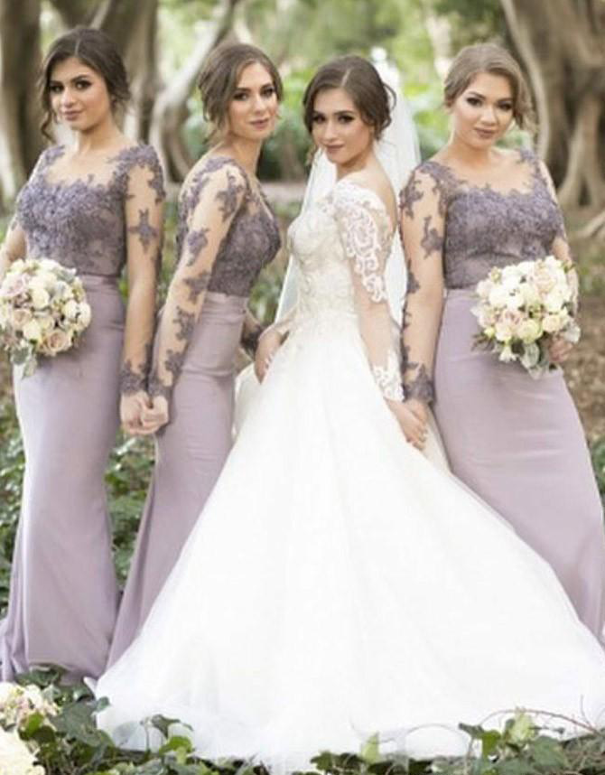 New Arrival Lilac Dresses Mermaid Long Sleeve Sweep Train Bridesmaid Gowns With Lace Applique Illusion Back 8394453637#