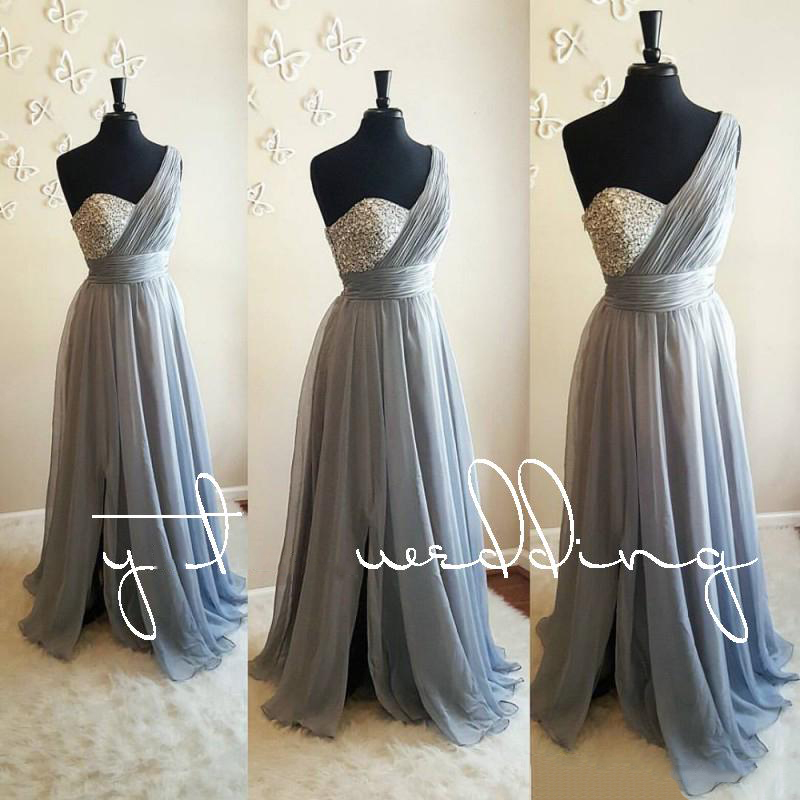 Silver Grey One Shoulder Bridesmaid Dresses Beaded Pleated Purple Wedding Guest Dresses Maid Of Honor 8403193912#