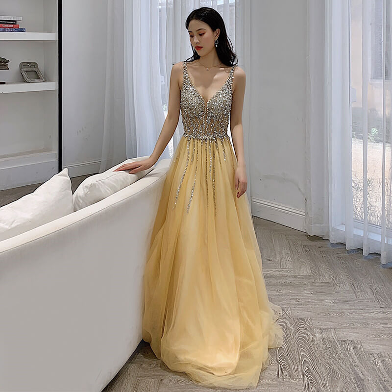 Yellow Deep V Neck Backless Wedding Evening Gowns 8470138400#