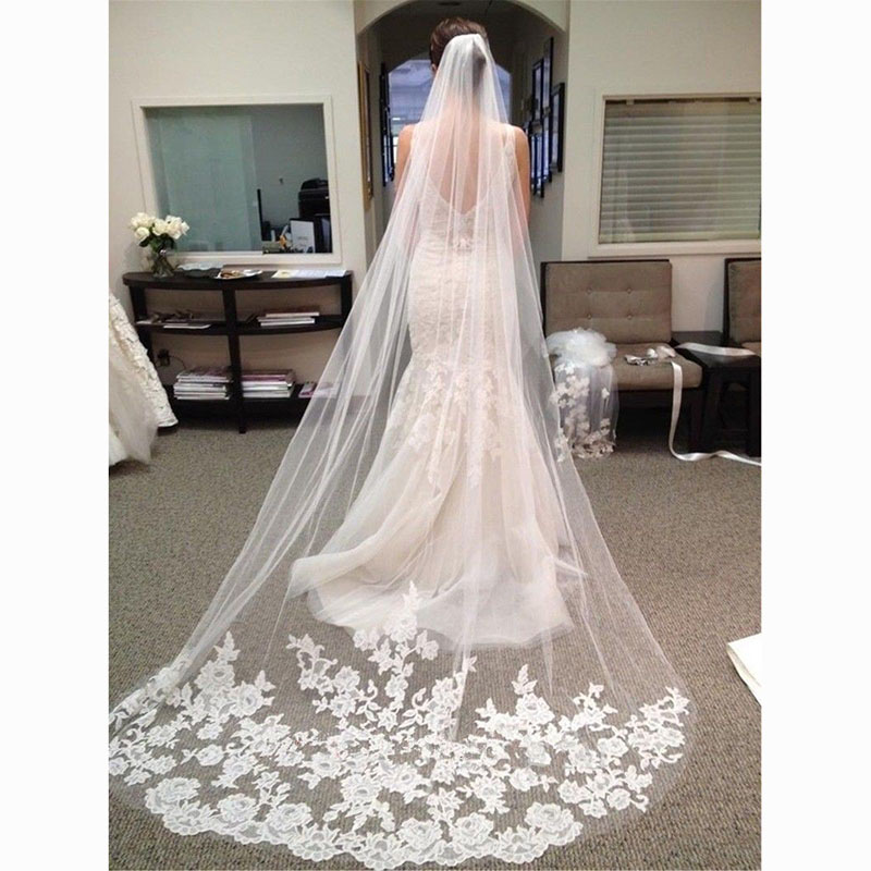 3 Meters Long Cathedral Length Appliques Bridal Veils With Comb 8471776339#