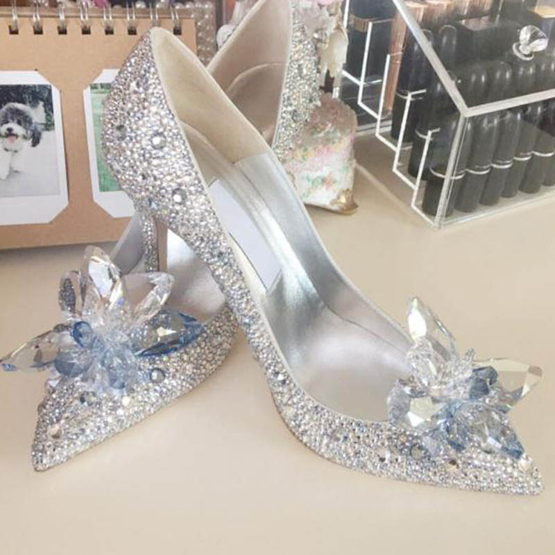 Cinderella Top Grade Crystal Shoes Bridal Rhinestone Wedding Shoes With Crystal Flower #8472431047