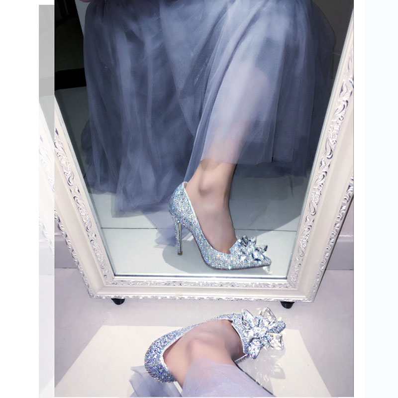 Cinderella Top Grade Crystal Shoes Bridal Rhinestone Wedding Shoes With Crystal Flower #8472431047