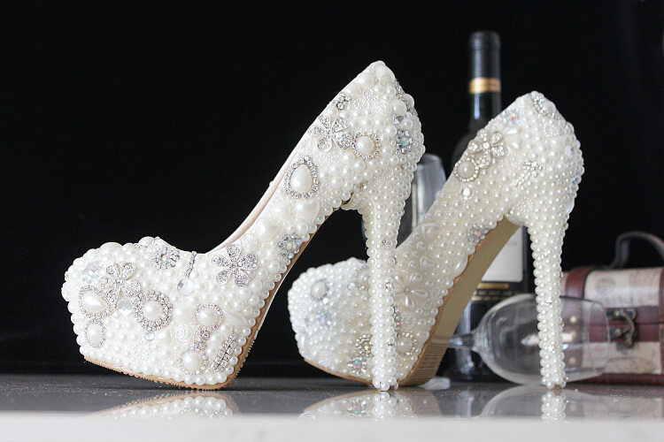 Women's Sparkly Wedding Shoes Luxury Pearls Rhinestones Bridal Pumps Flat Heels #8496735056