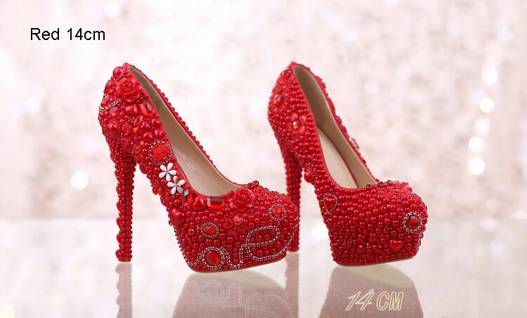 Red Women's Dress Shoes Bridal Wedding Dress Shoes Handmade Luxury Pearls Cheap Stiletto Heel #8511559318