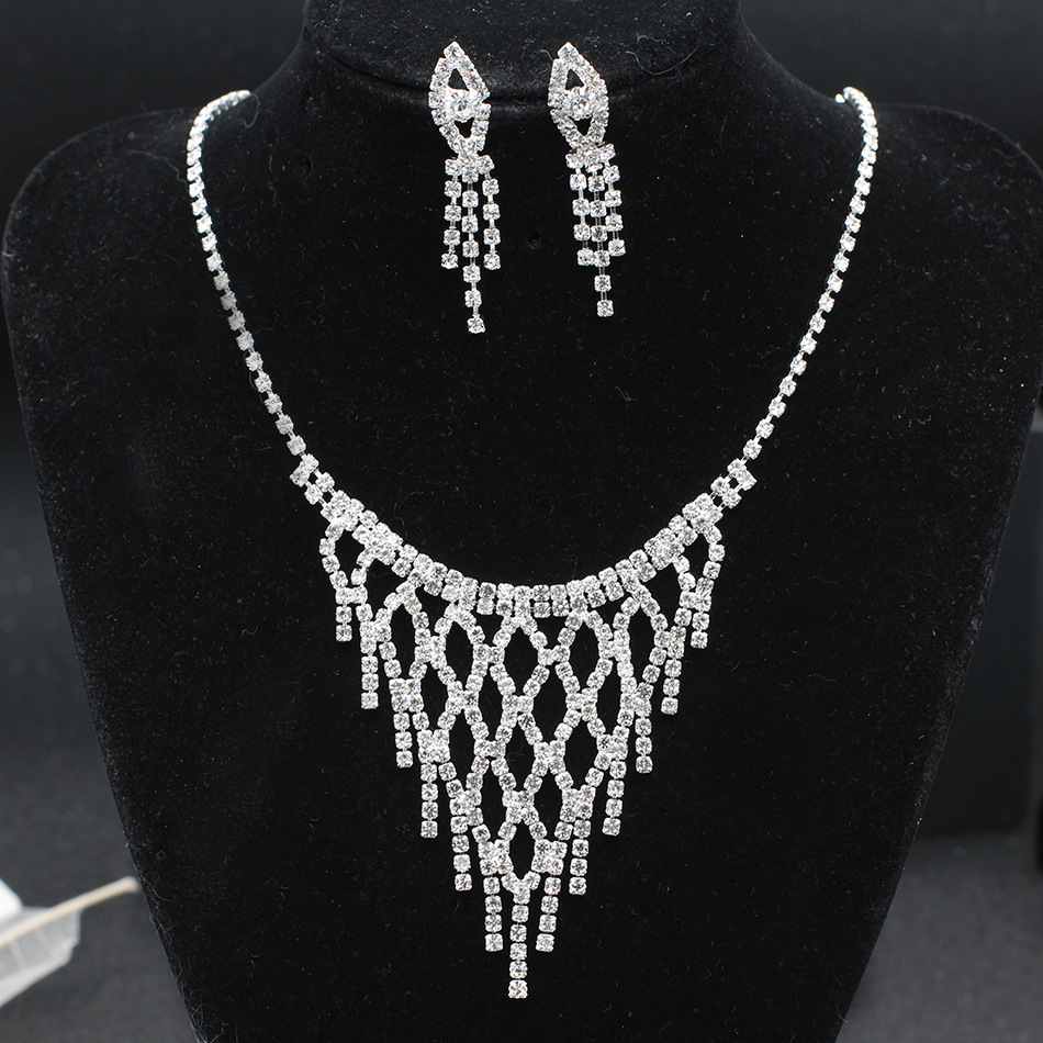 Sparkly Rhinestones Bridal Necklace Earrings Jewelry Set #8514367476