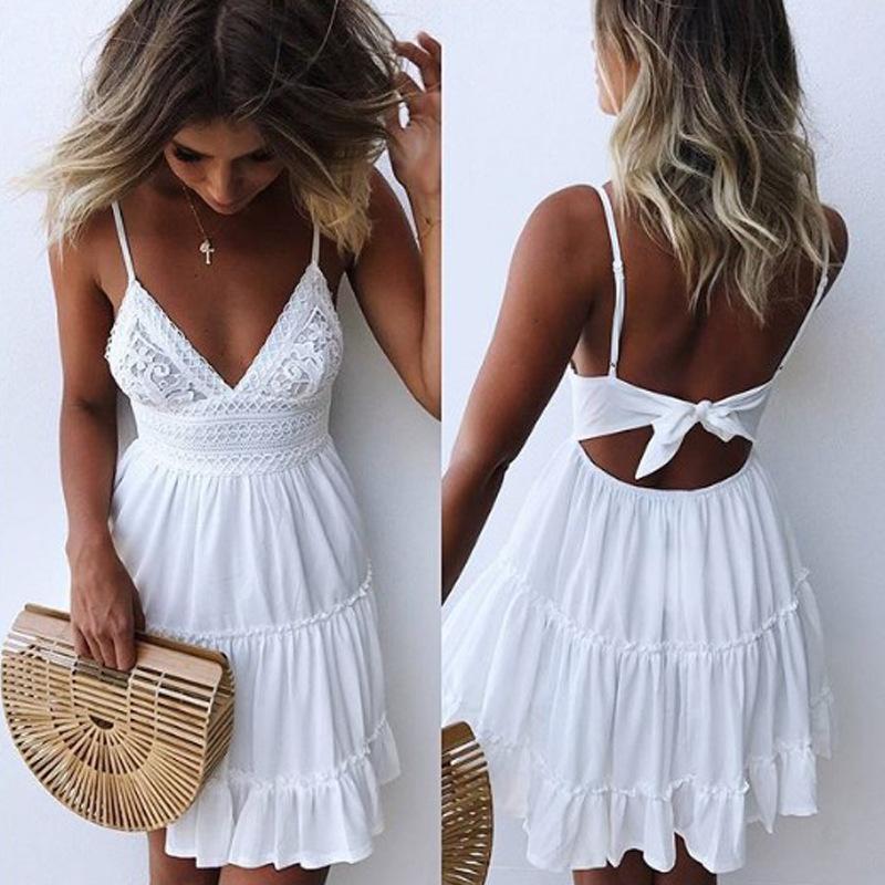 Solid Color Peplum Dress Girls V Neck Backless Strappy Dresses Back Lace Bow Pleated Skirt 8521134910#