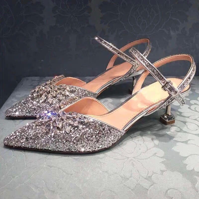 Silver Bling Pointed Toe Diamond Sequin Wedding Dress Pumps Party Sandal Shoes for Summer #8544874269