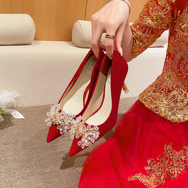 Rhinestone-Embellished Pointed-Toe Pumps in Red #88211591195