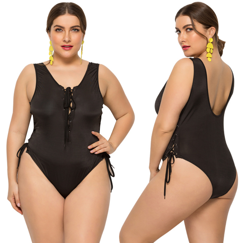 Plus Lace-Up Front One Piece Swimsuit in Black 88211592113#