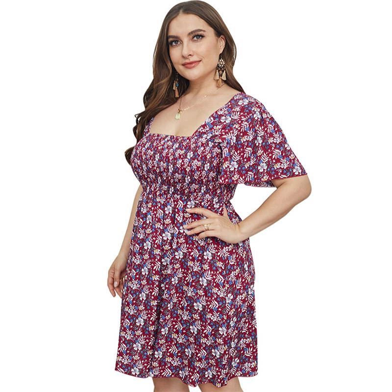 Ditsy Floral Shirred Bodice Square Neck A-Line Summer Dress 88211592121#