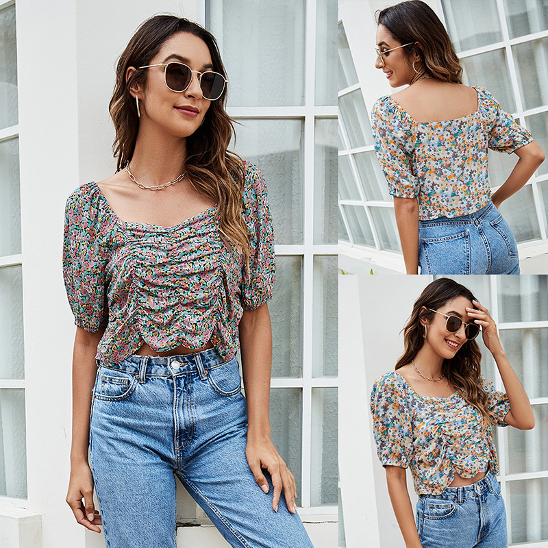 Ditsy Floral Print Short Sleeve Ruched Crop Blouse #88211592167