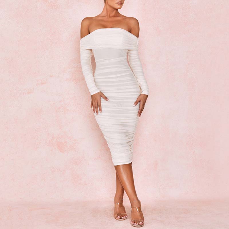 Off The Shoulder Skintight Midi Dresses 88211592231#